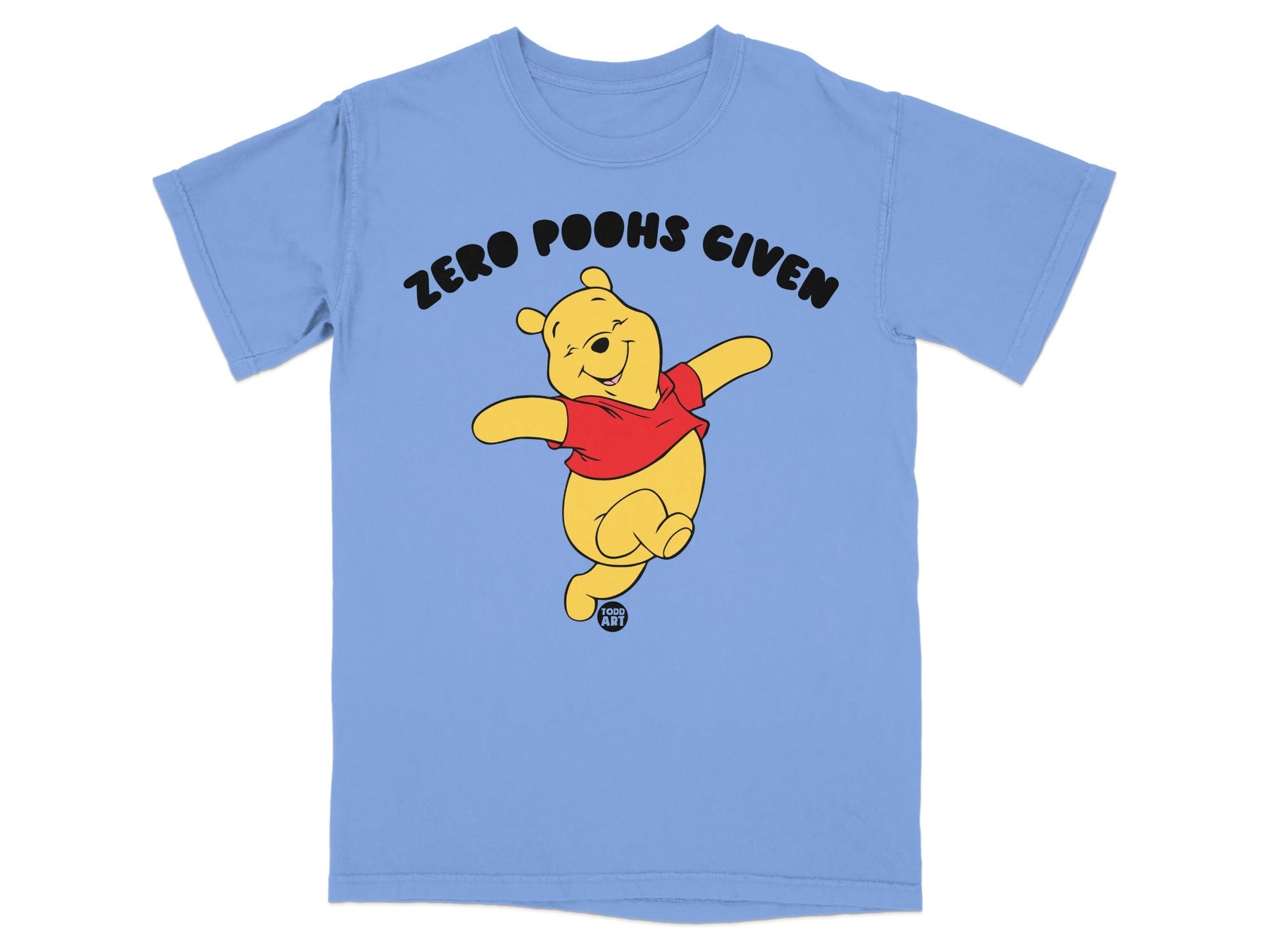 Winnie the Pooh wearing a red shirt, dancing, with text "ZERO POOHS GIVEN".