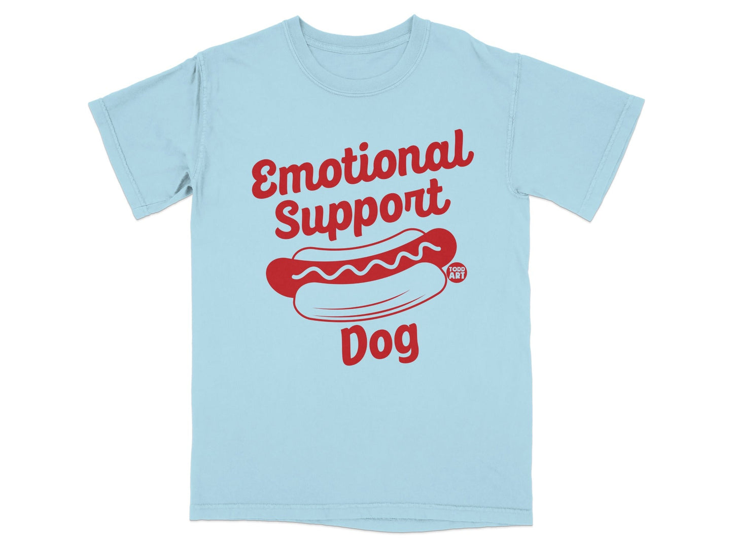 Light blue t-shirt with red "Emotional Support Dog" text and hot dog graphic.