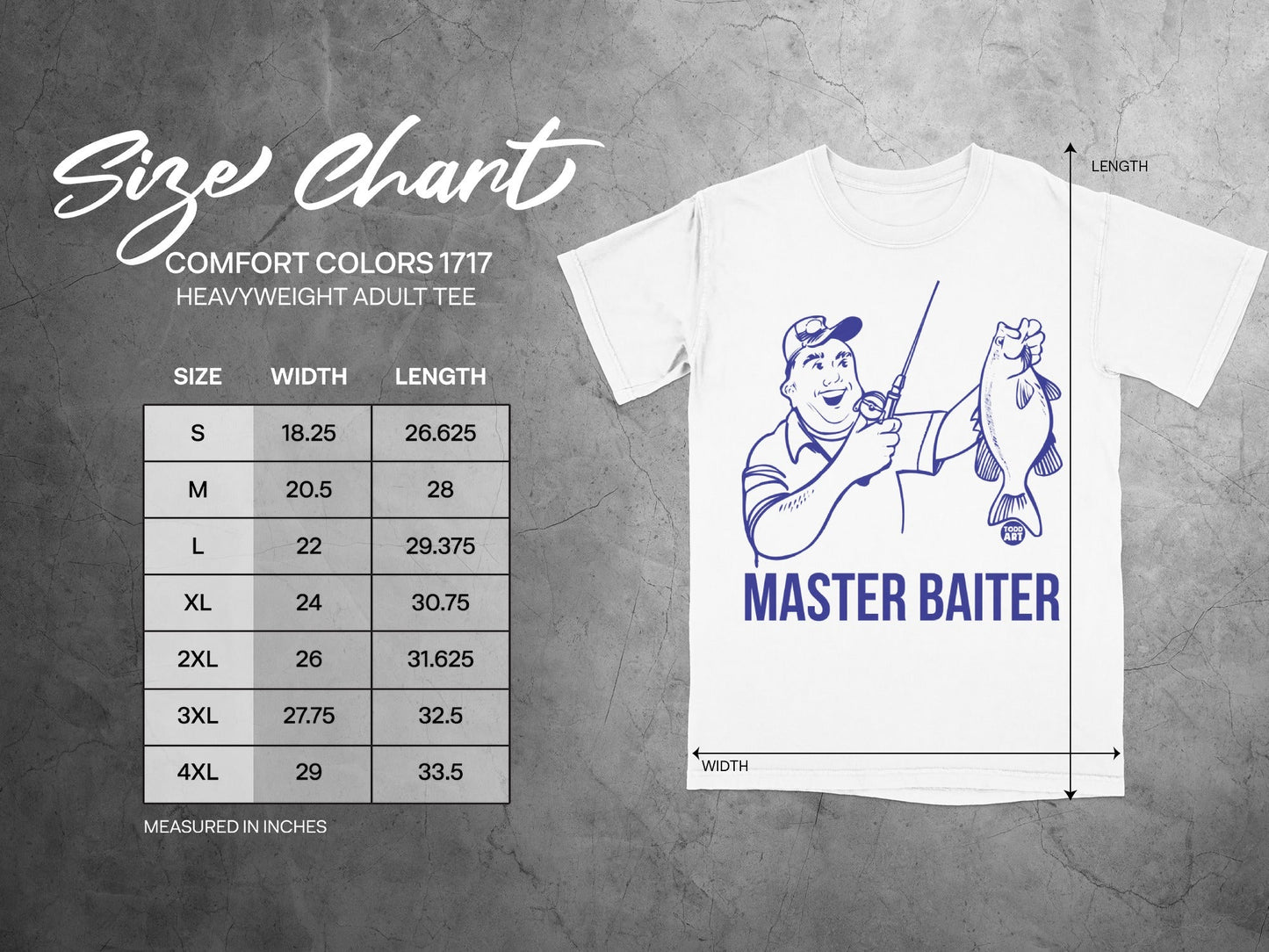 Comfort Colors 1717 size chart for heavyweight adult tees, with cartoon fisherman.