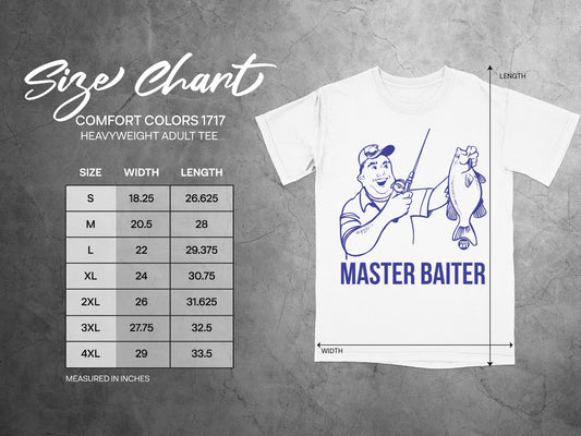 Comfort Colors 1717 size chart for heavyweight adult tees, with cartoon fisherman.