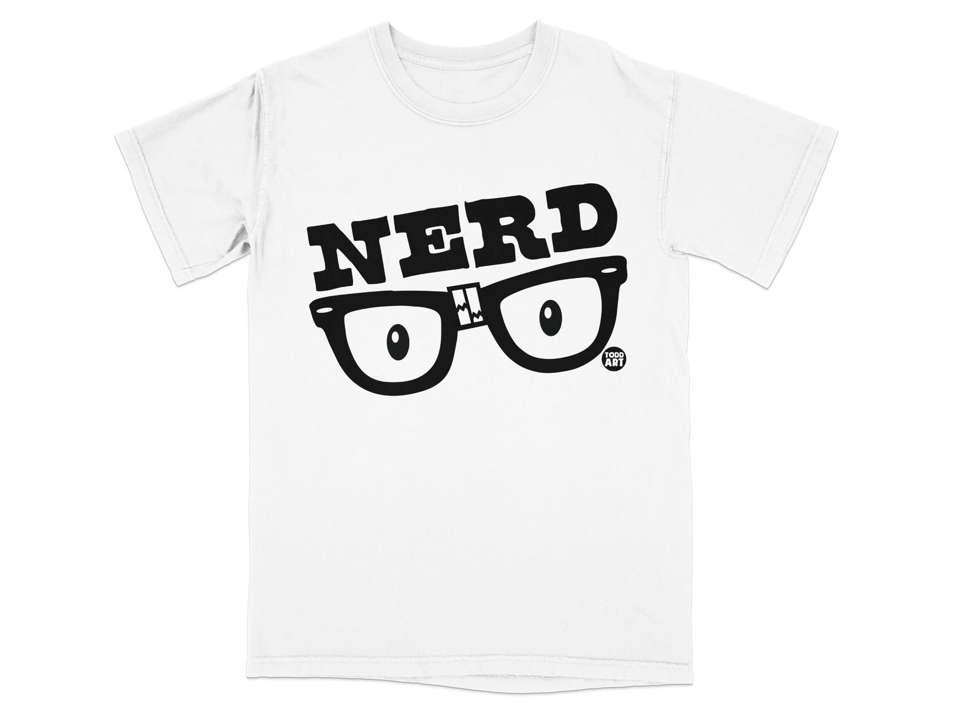 NERD text with glasses logo on white t-shirt
