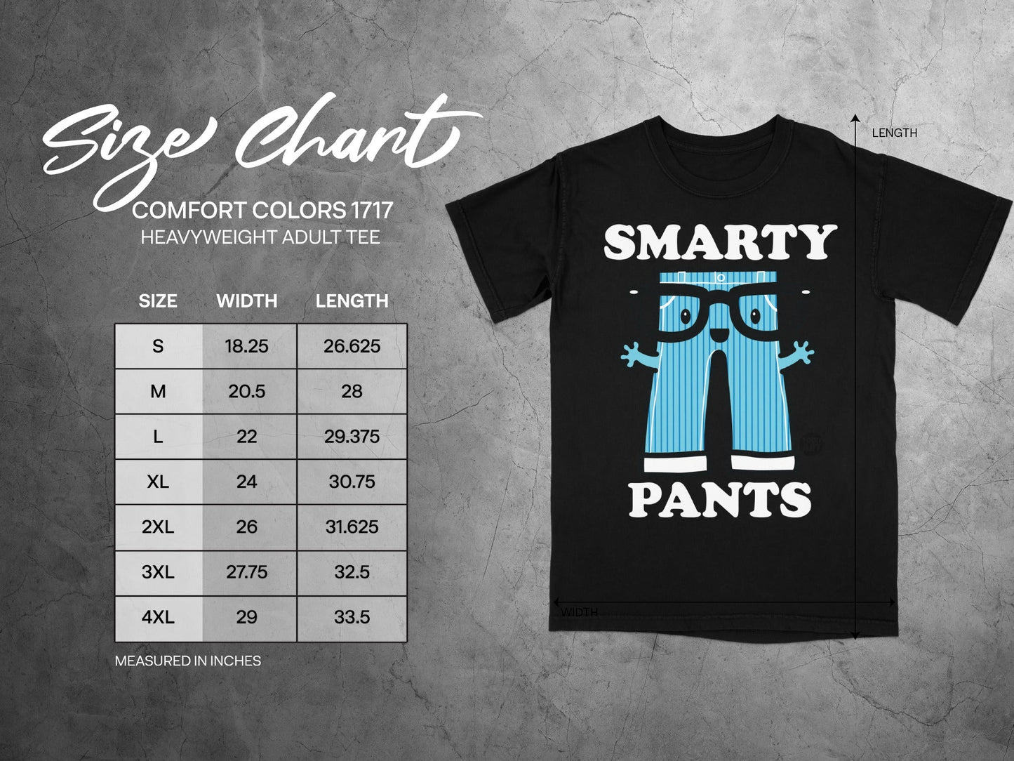 Size chart for Smarty Pants heavyweight adult tee, measured in inches.