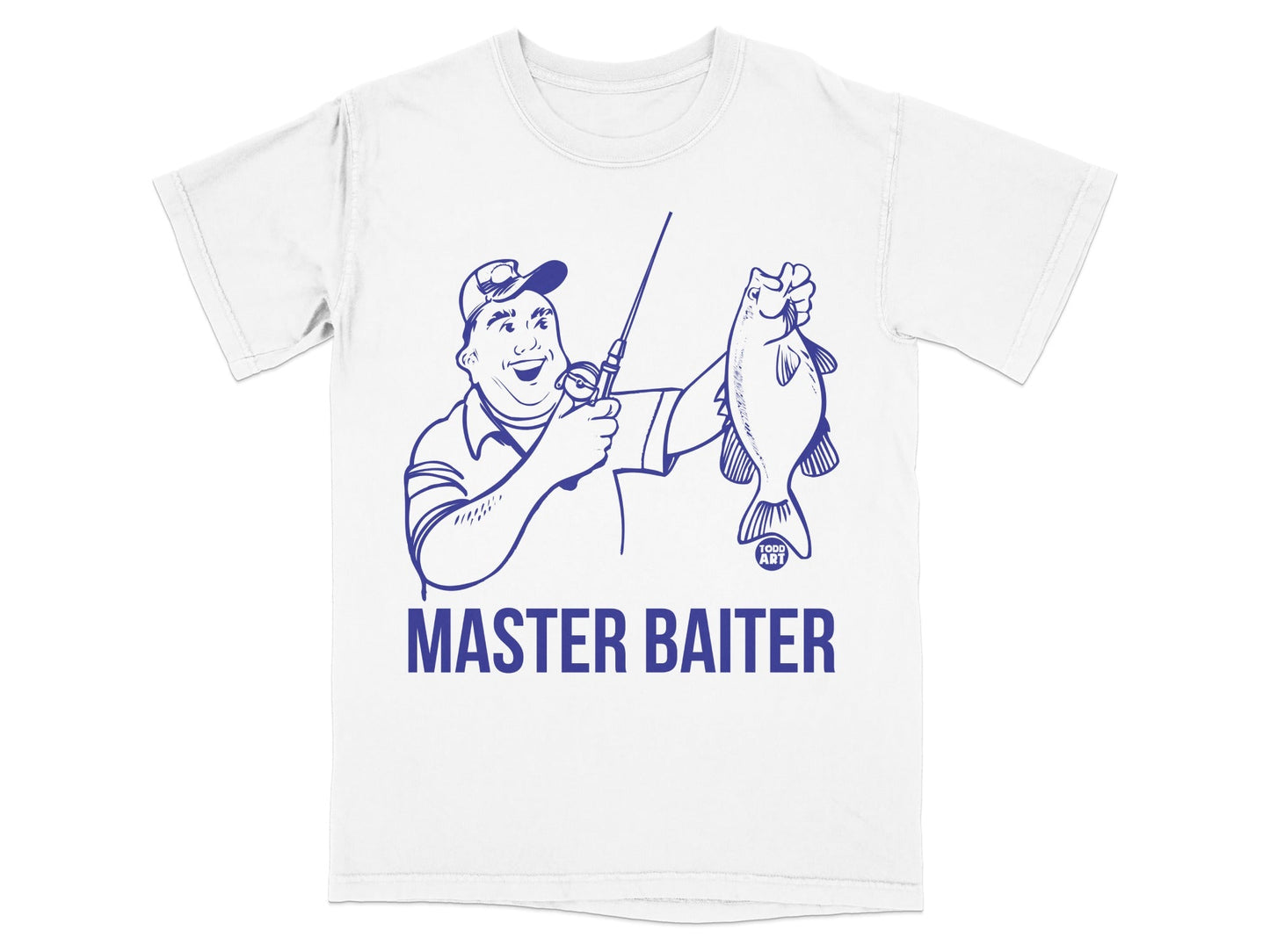 T-shirt design with man holding a fish, text "MASTER BAITER".