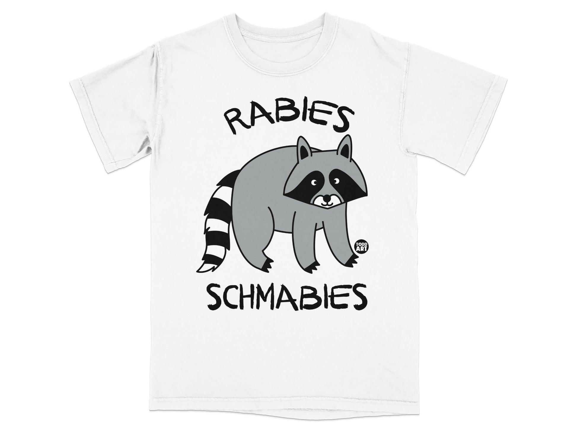 White t-shirt with raccoon and text "RABIES SCHMABIES" and a small circle logo.