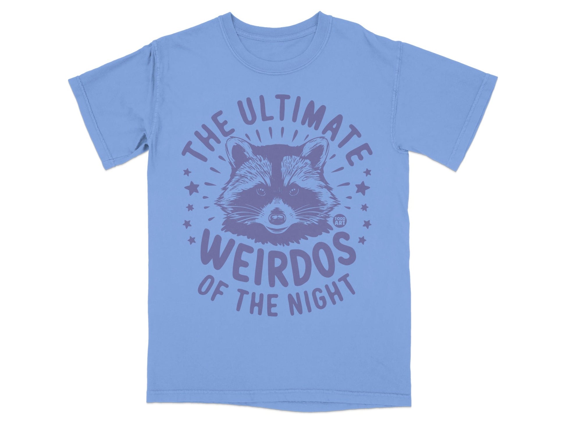Purple t-shirt with a raccoon graphic and "The Ultimate Weirdos of the Night" text.