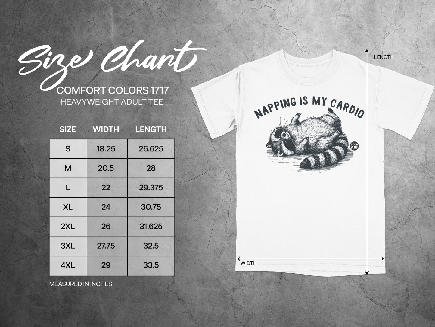 Size chart for Comfort Colors 1717 heavyweight adult tee with raccoon graphic.