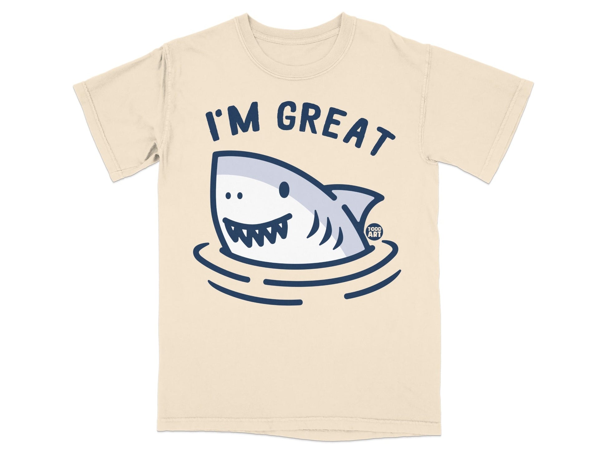 Cream t-shirt with a smiling shark in water and text "I'M GREAT".