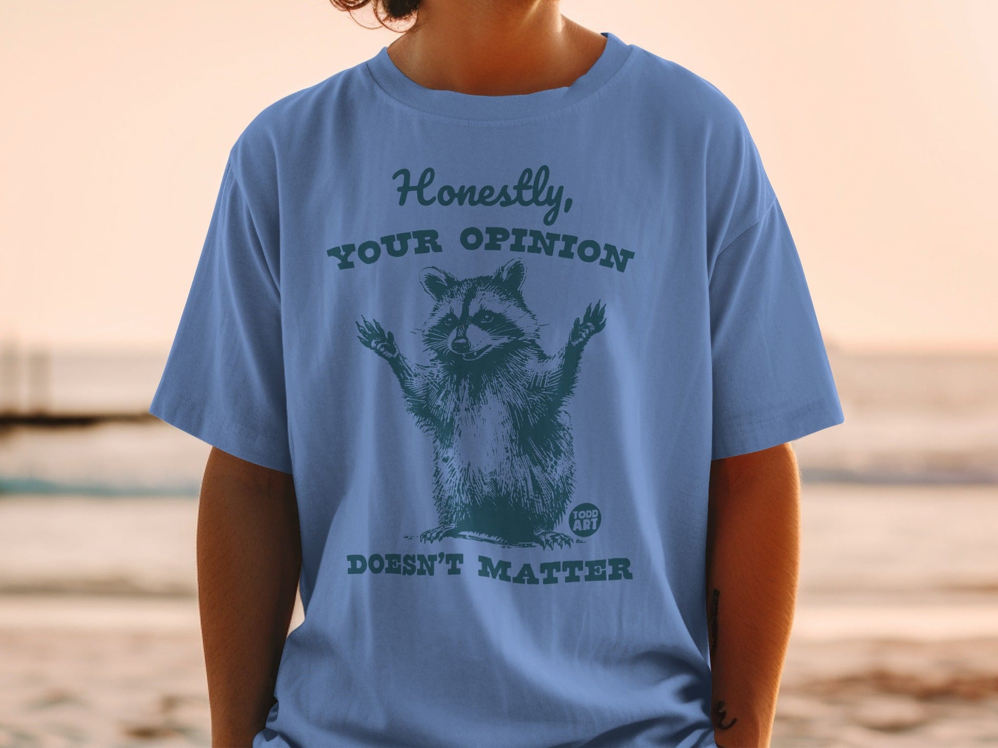 Blue t-shirt with a raccoon graphic and text "Honestly, your opinion doesn't matter".