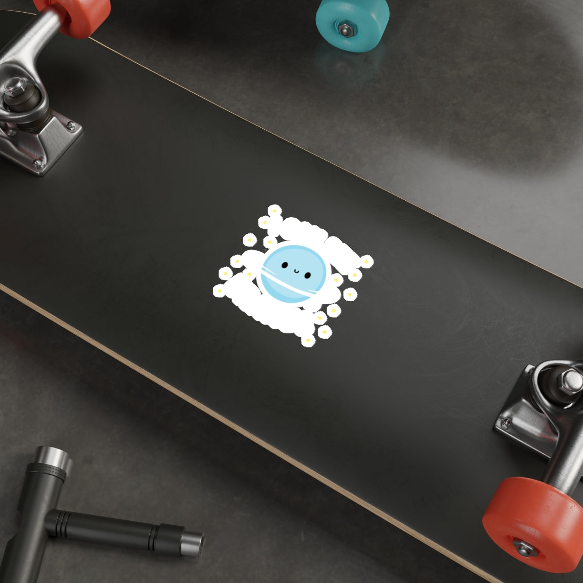 Cute Cartoon Blue Planet With Flowers Skateboard
