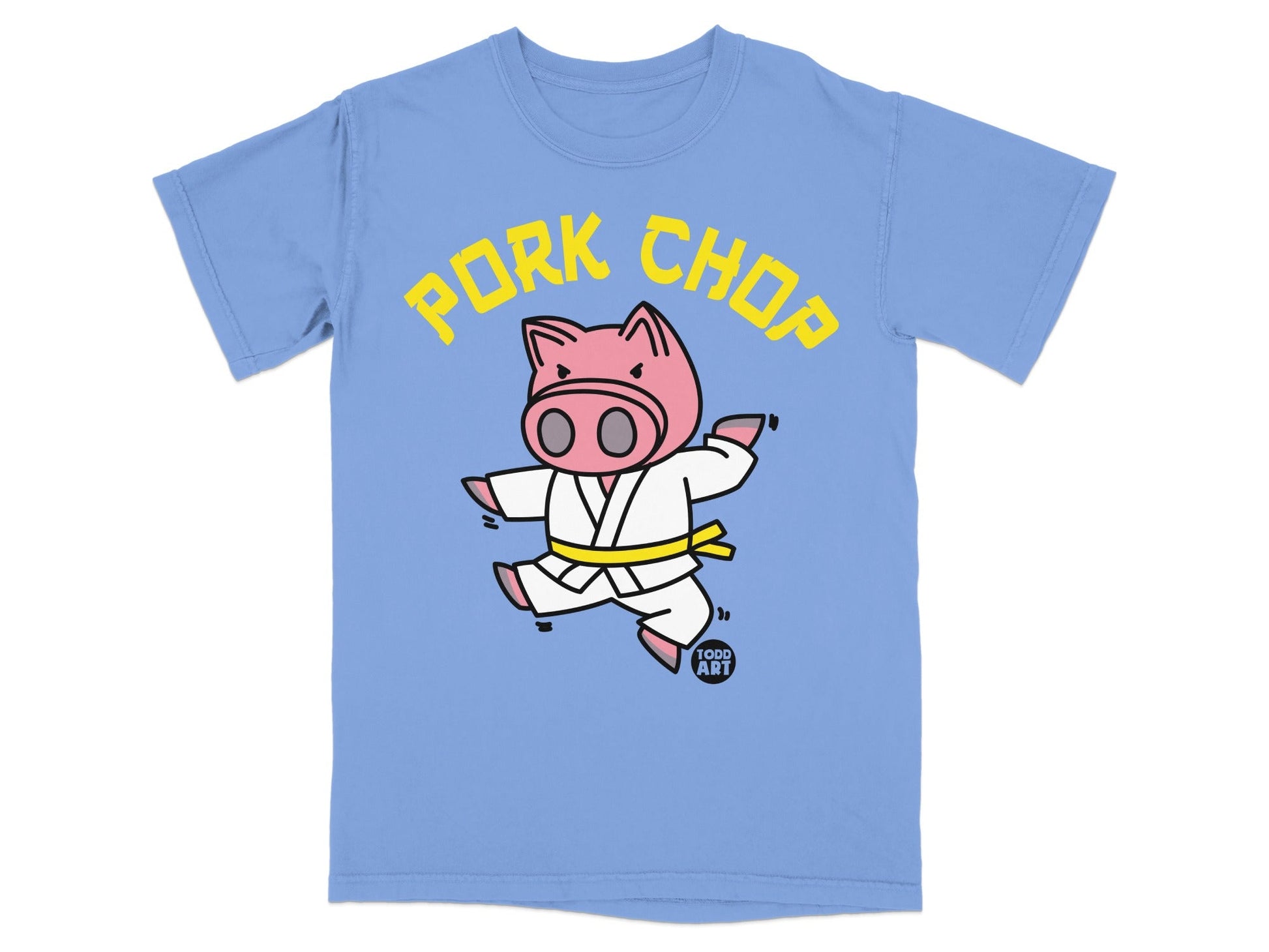 T-shirt featuring a cartoon pig in a karate gi with "Pork Chop" text.