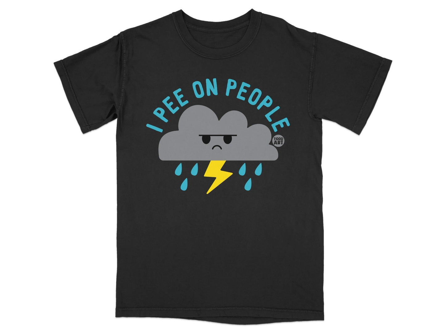Black t-shirt with a grumpy cloud and yellow raindrops graphic.