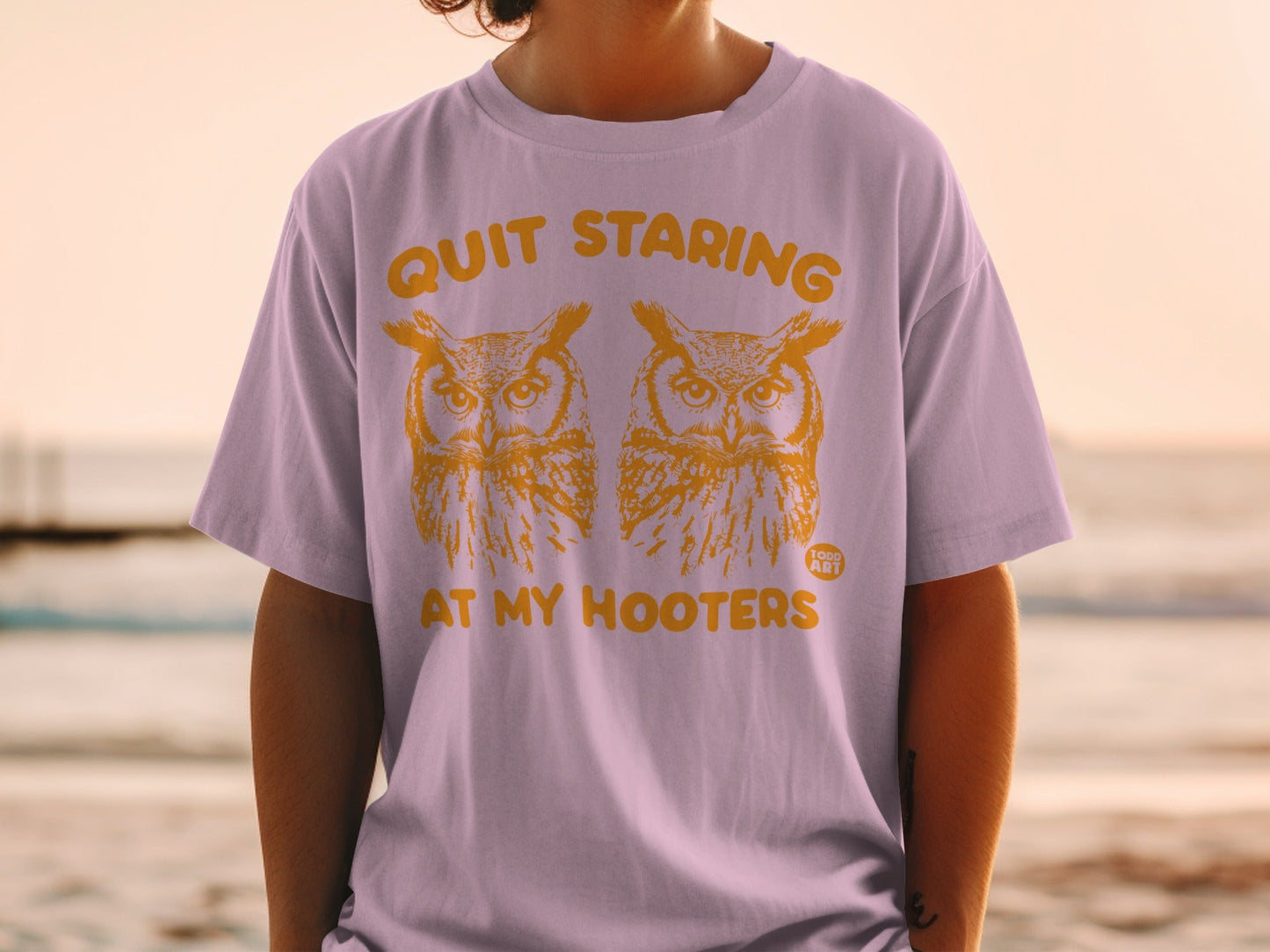 T-shirt with two owls and text "QUIT STARING AT MY HOOTERS".