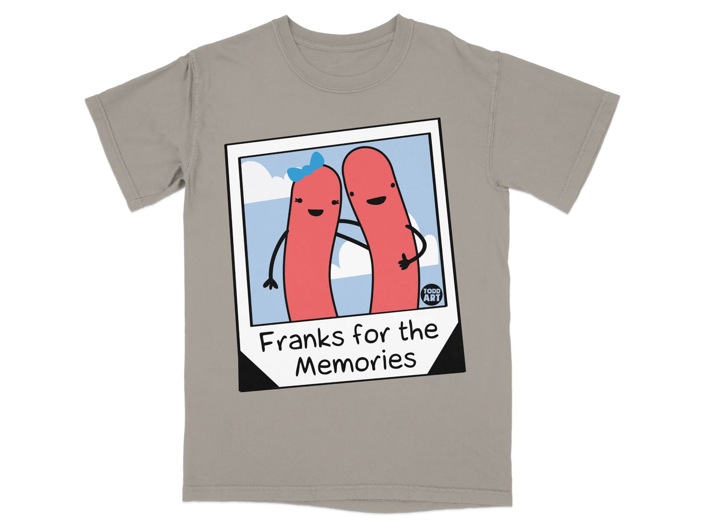 Cartoon hot dogs embrace in a photo frame that reads "Franks for the Memories".