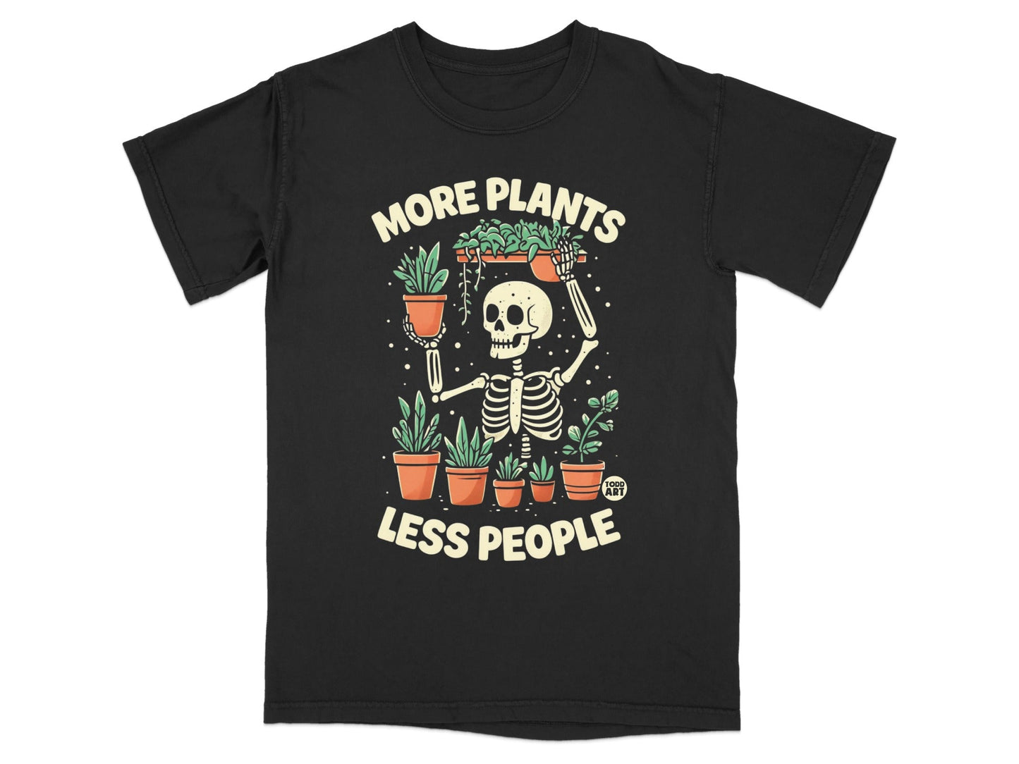 Skeleton holding potted plants with "More Plants Less People" text.