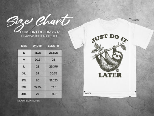 Comfort Colors 1717 size chart with t-shirt graphic and measurement details.