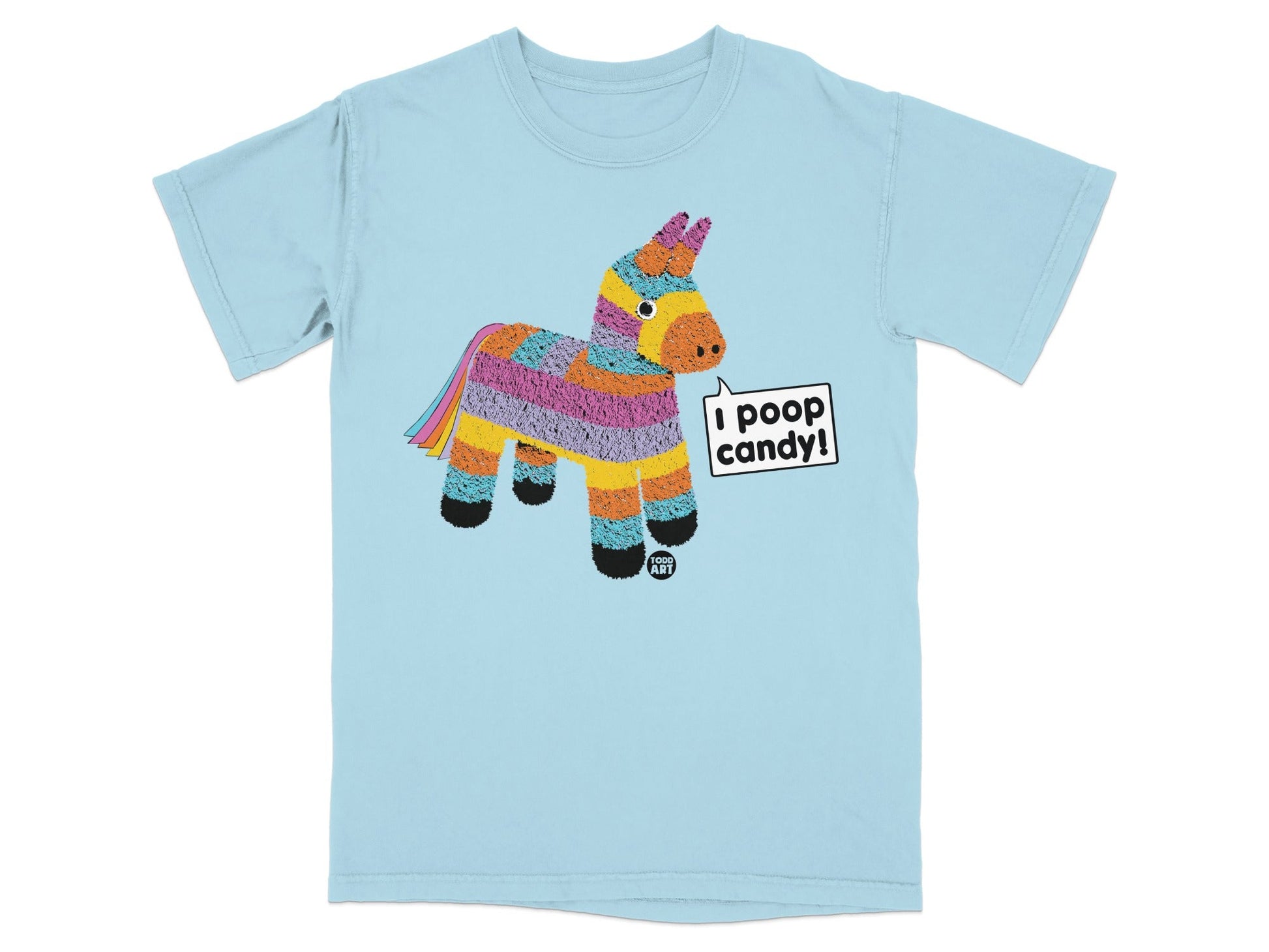 Light blue t-shirt with a colorful pi√±ata unicorn graphic that says "I poop candy!"