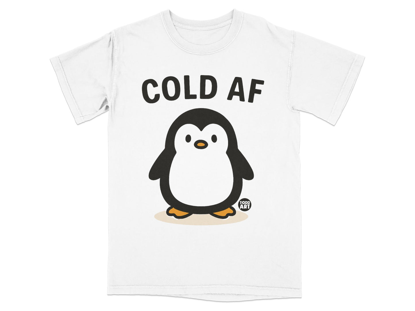 White t-shirt with "COLD AF" and a cute penguin graphic.