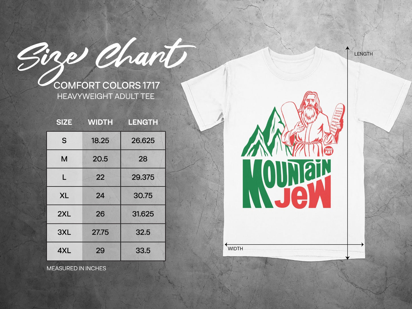 Comfort Colors 1717 size chart for heavyweight adult tee with t-shirt graphic.