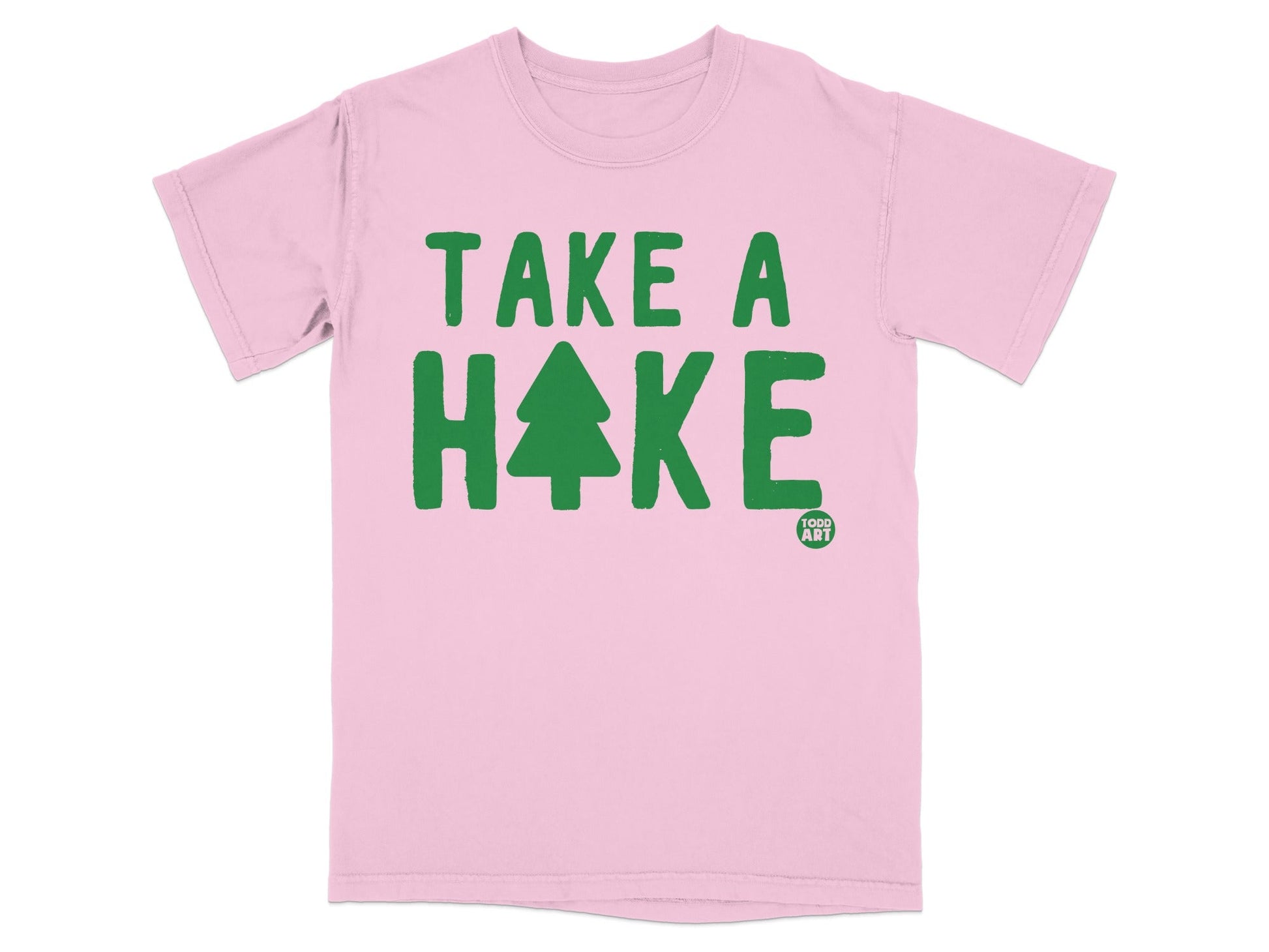 Pink t-shirt with "TAKE A HIKE" text and a green tree graphic.