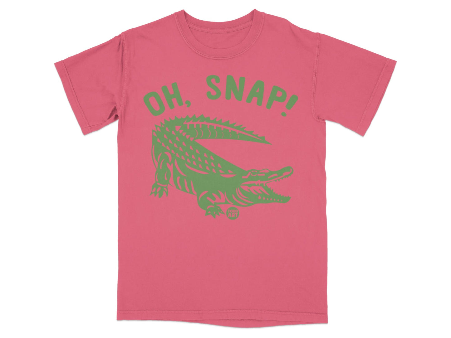 Salmon t-shirt with green alligator graphic and "OH, SNAP!" text.