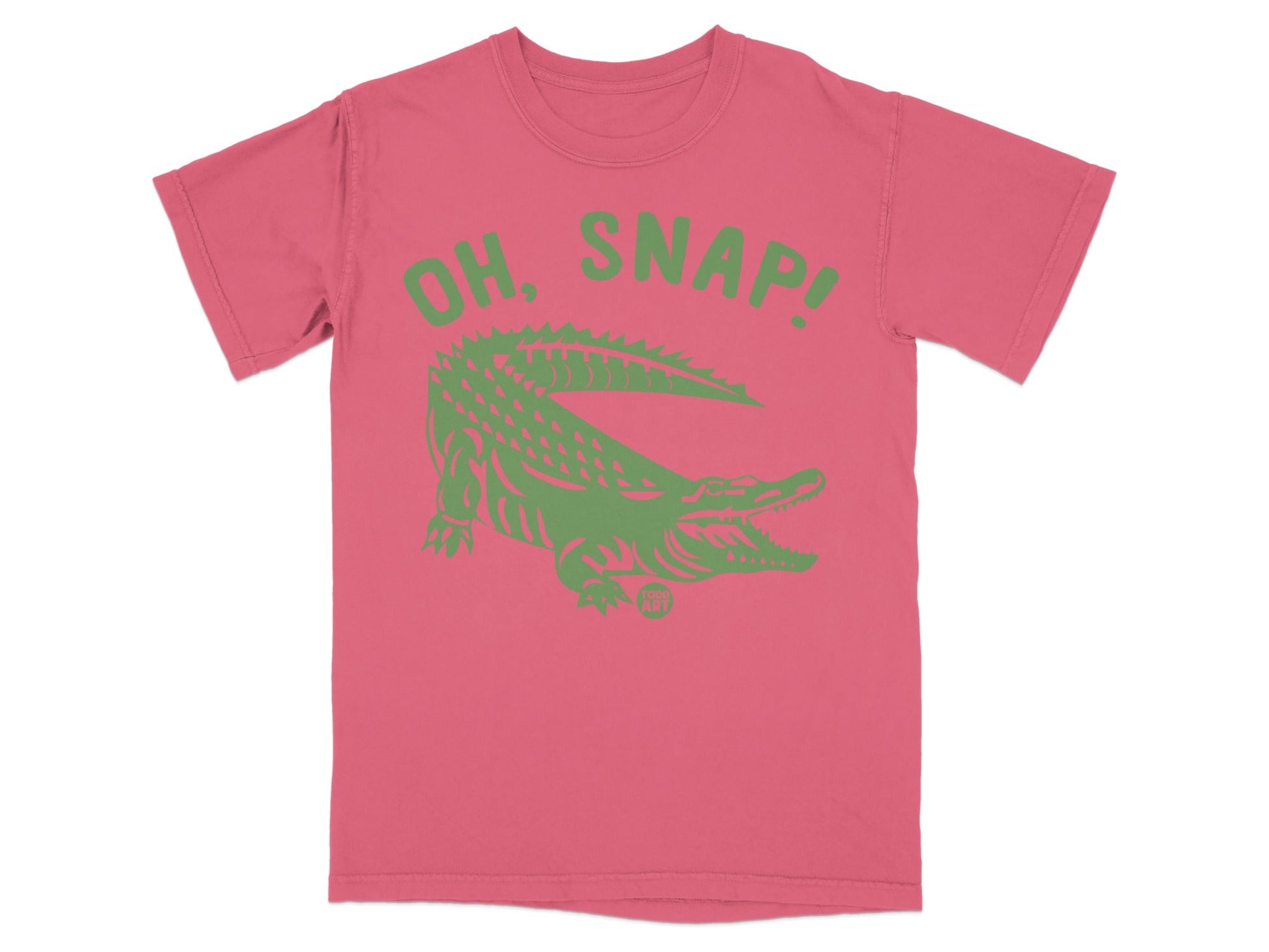 Salmon t-shirt with green alligator graphic and "OH, SNAP!" text.