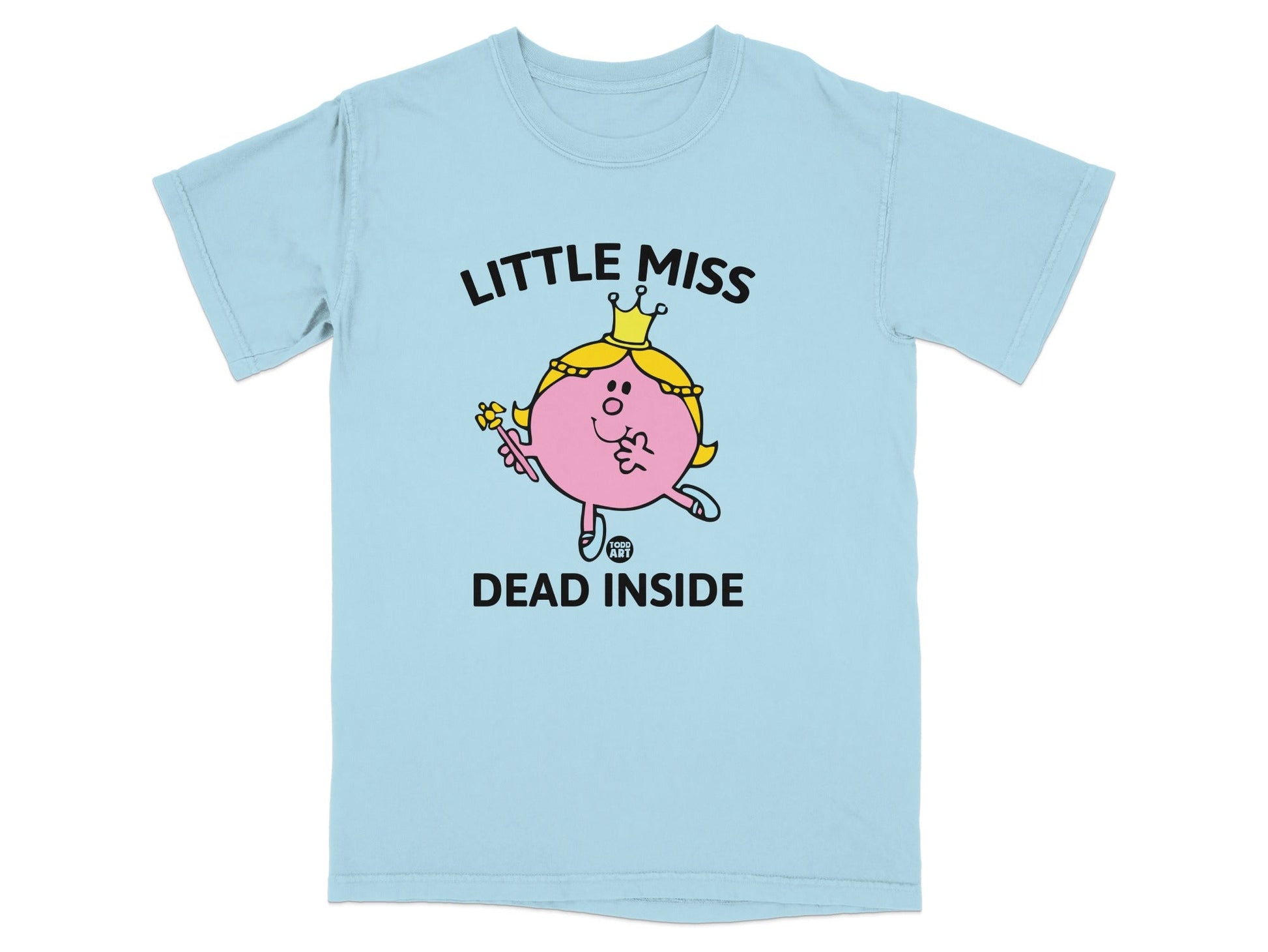 Light blue t-shirt with "Little Miss Dead Inside" graphic.