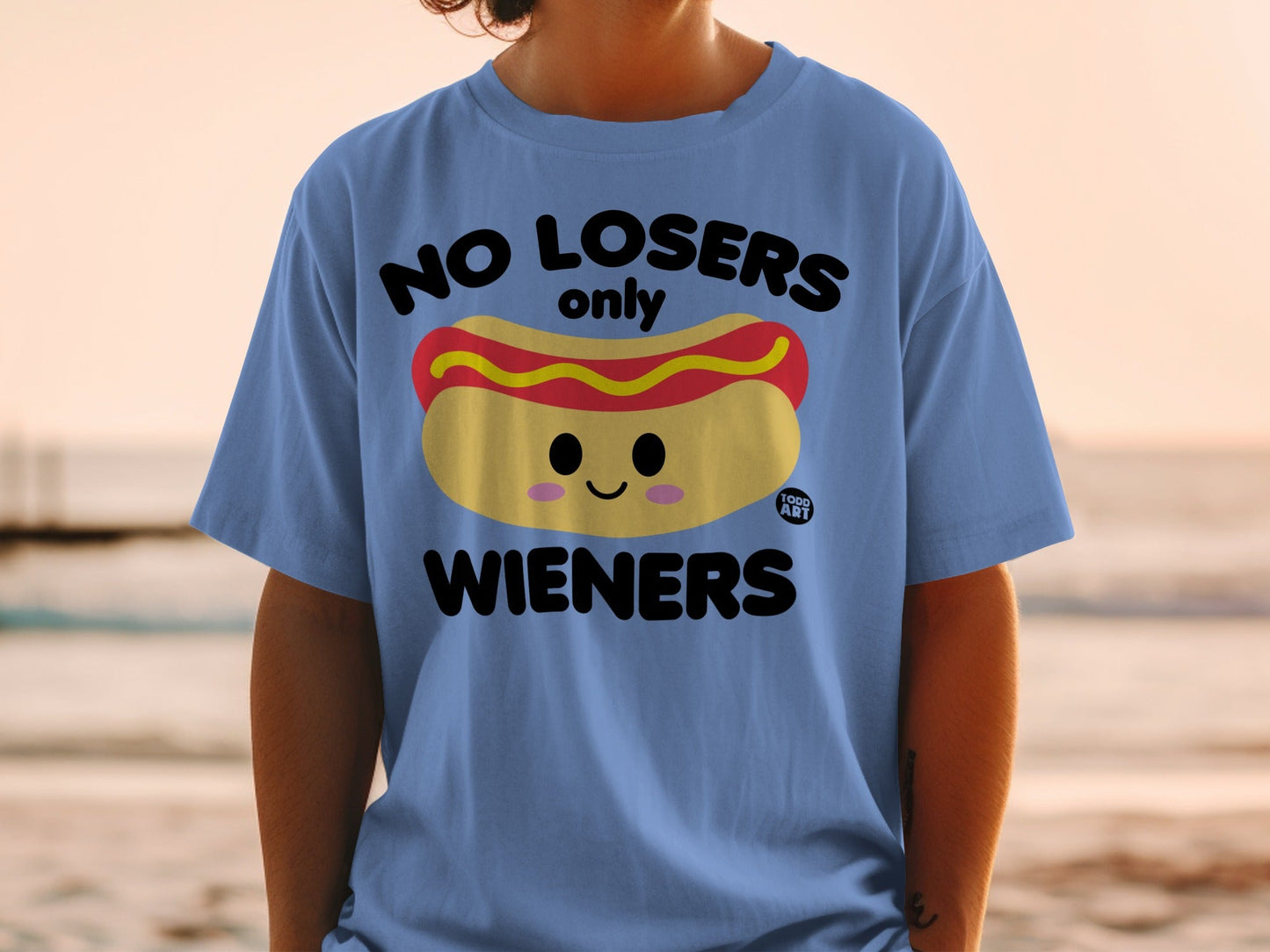 Blue t-shirt with a hot dog graphic and "NO LOSERS only WIENERS" text.