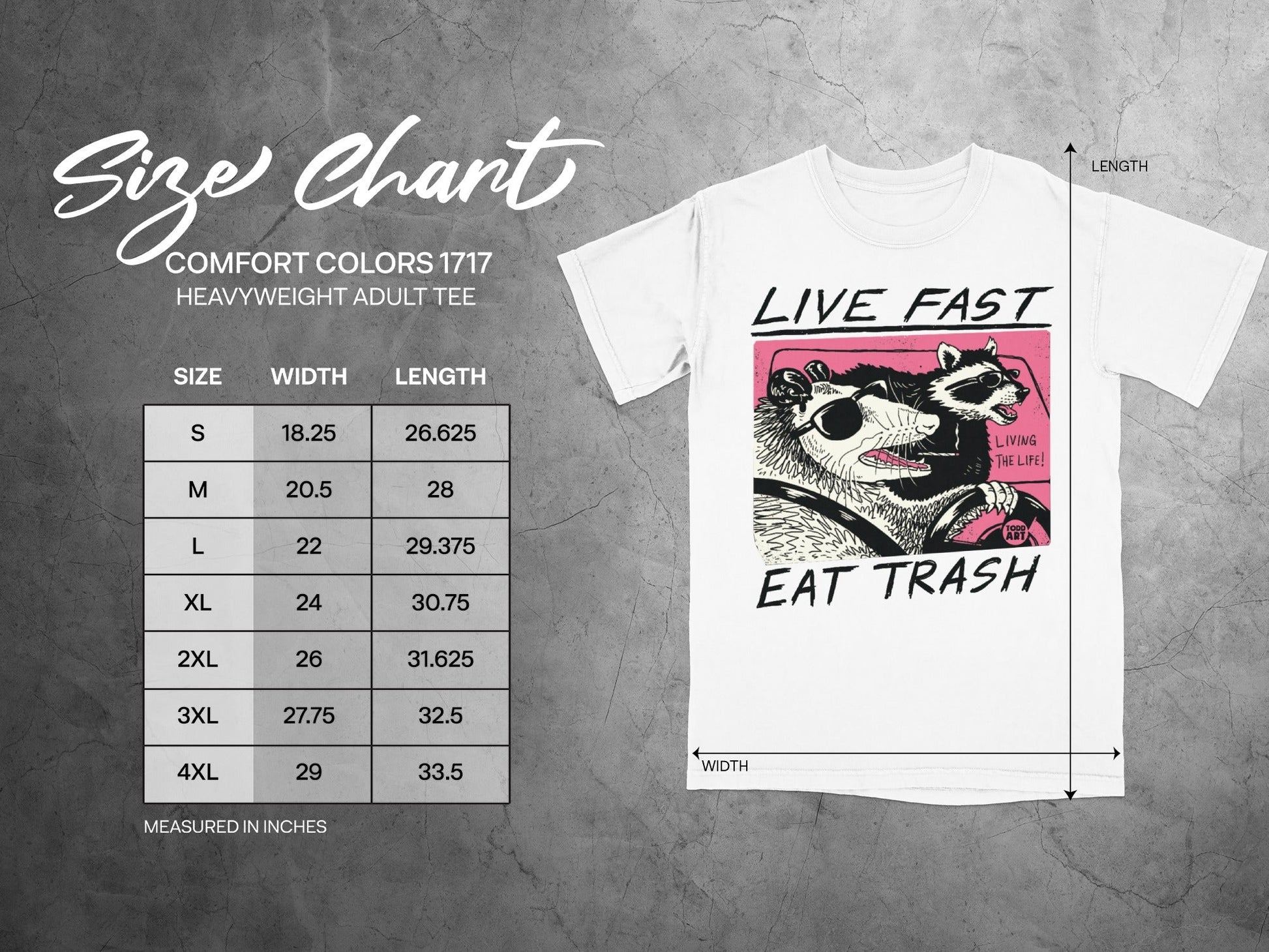 Comfort Colors 1717 size chart and heavyweight adult tee with "Live Fast Eat Trash" graphic.