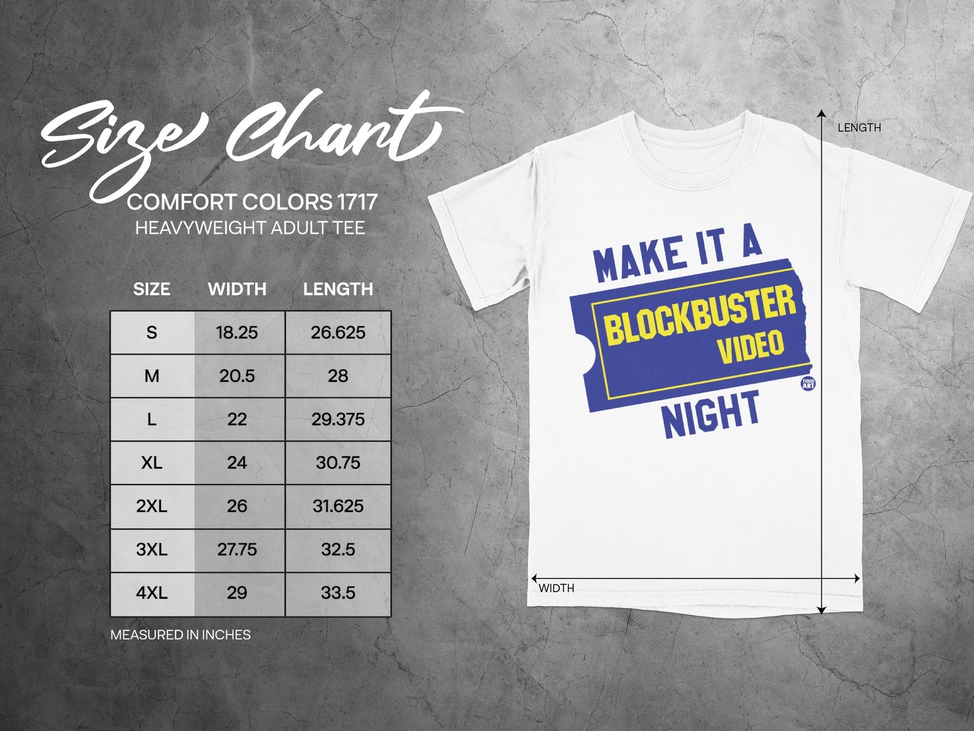 Size chart for Comfort Colors 1717 heavyweight adult tee with Blockbuster video graphic.