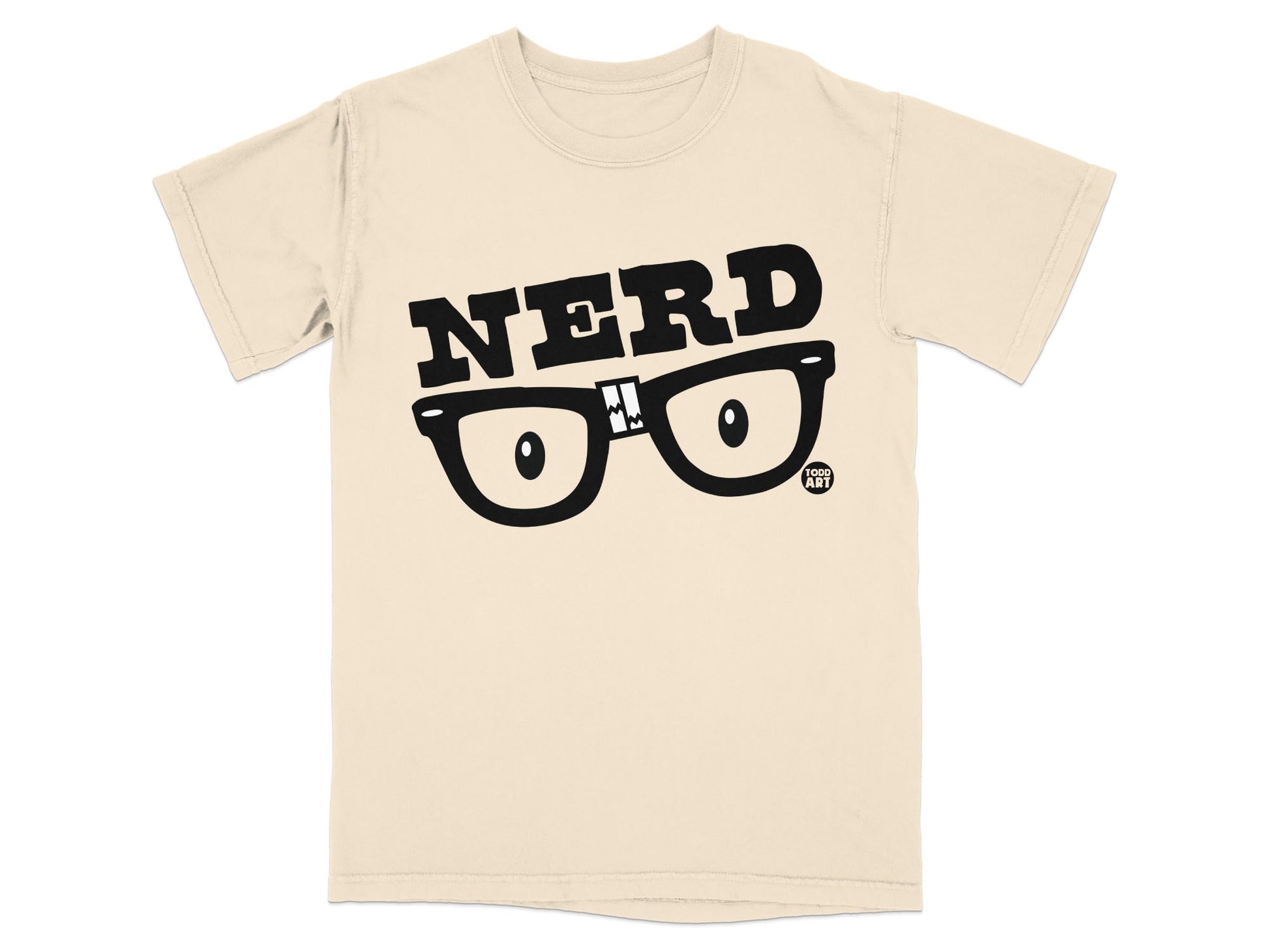 Cream t-shirt with "NERD" text and cartoon glasses, "TOCO ART" logo.