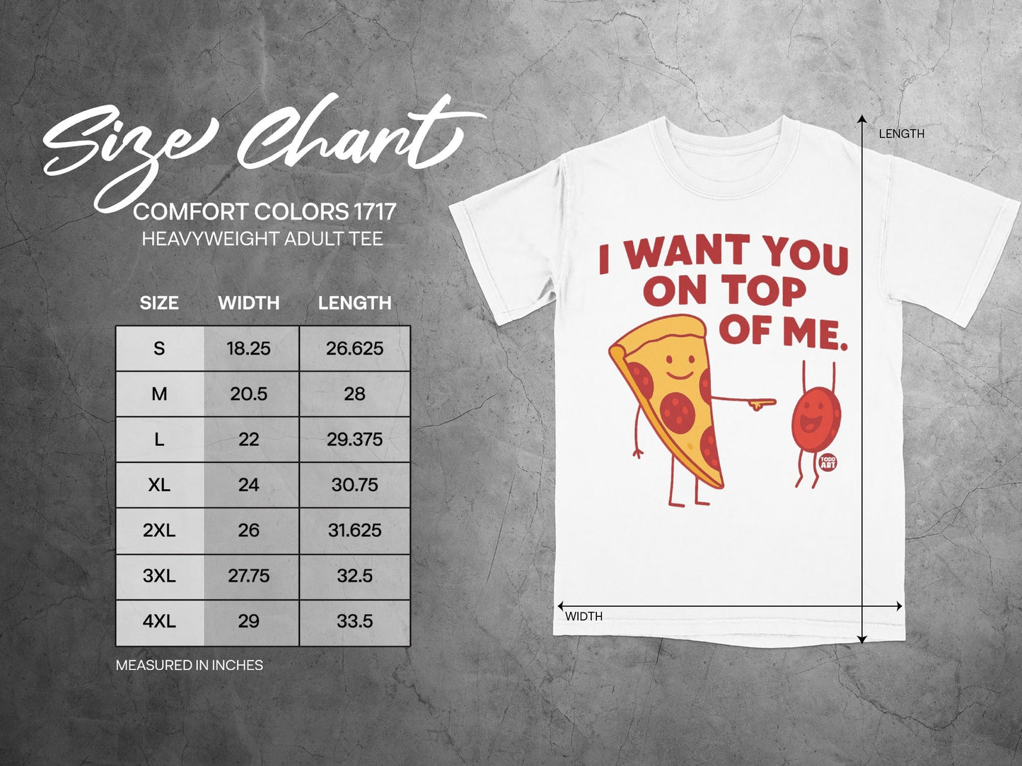 Comfort Colors 1717 heavyweight adult tee size chart with graphic.