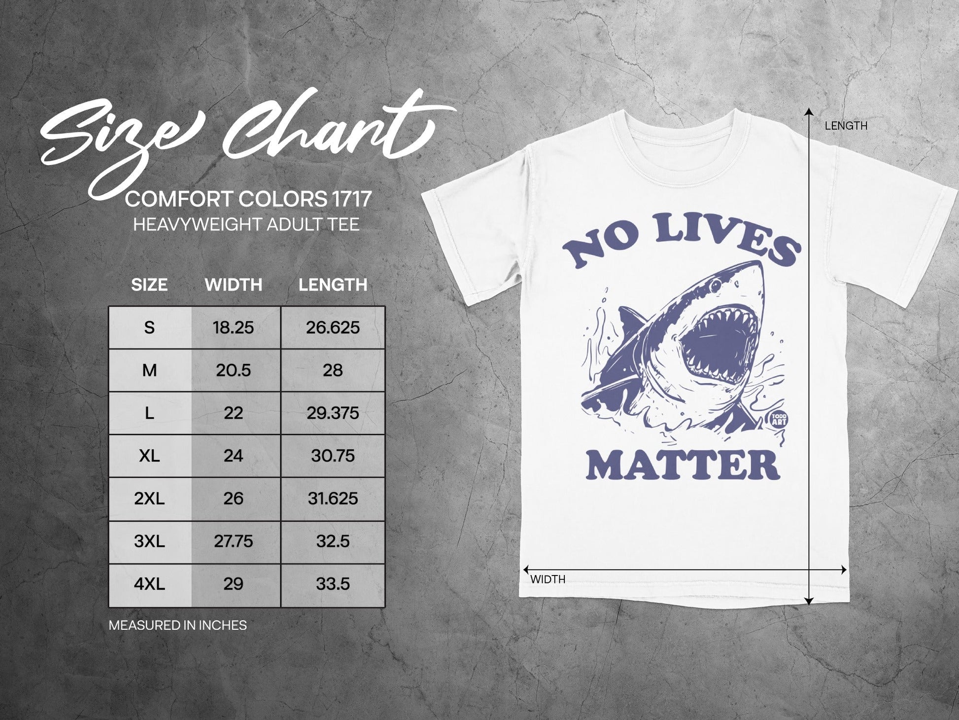 Comfort Colors 1717 size chart for heavyweight adult tees with measurements.