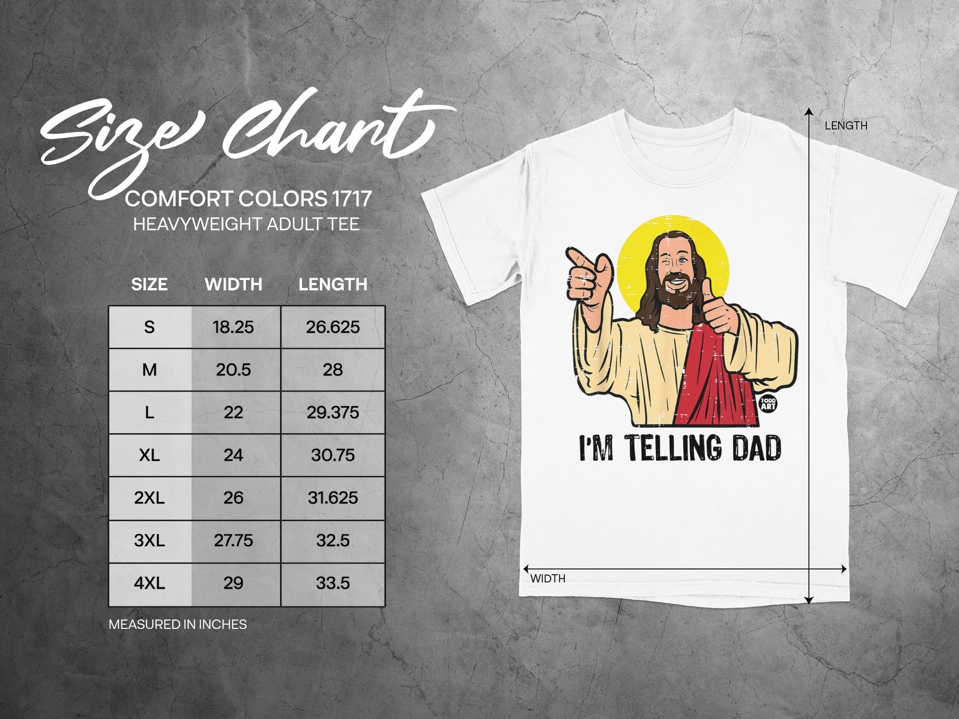 Size chart for Comfort Colors 1717 heavyweight adult tee.