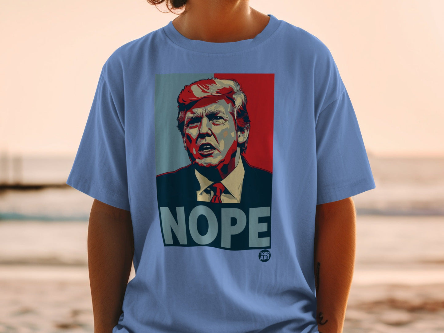 Donald Trump portrait with "NOPE" text in red, white, and blue design.