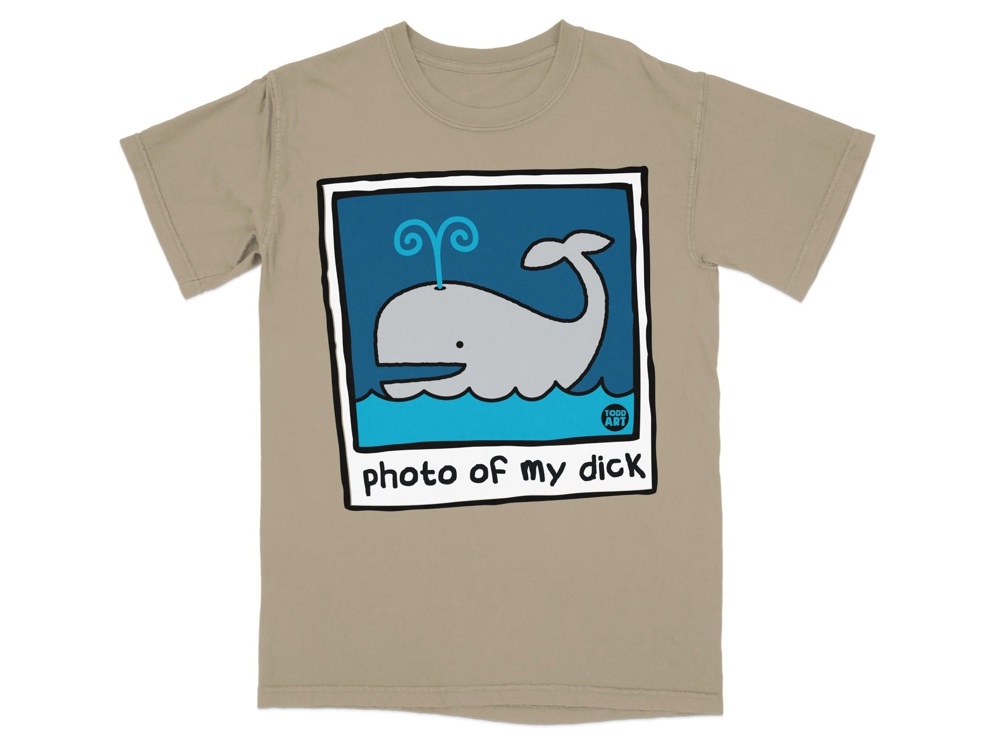 T-shirt with a cartoon whale and the text "photo of my dick".