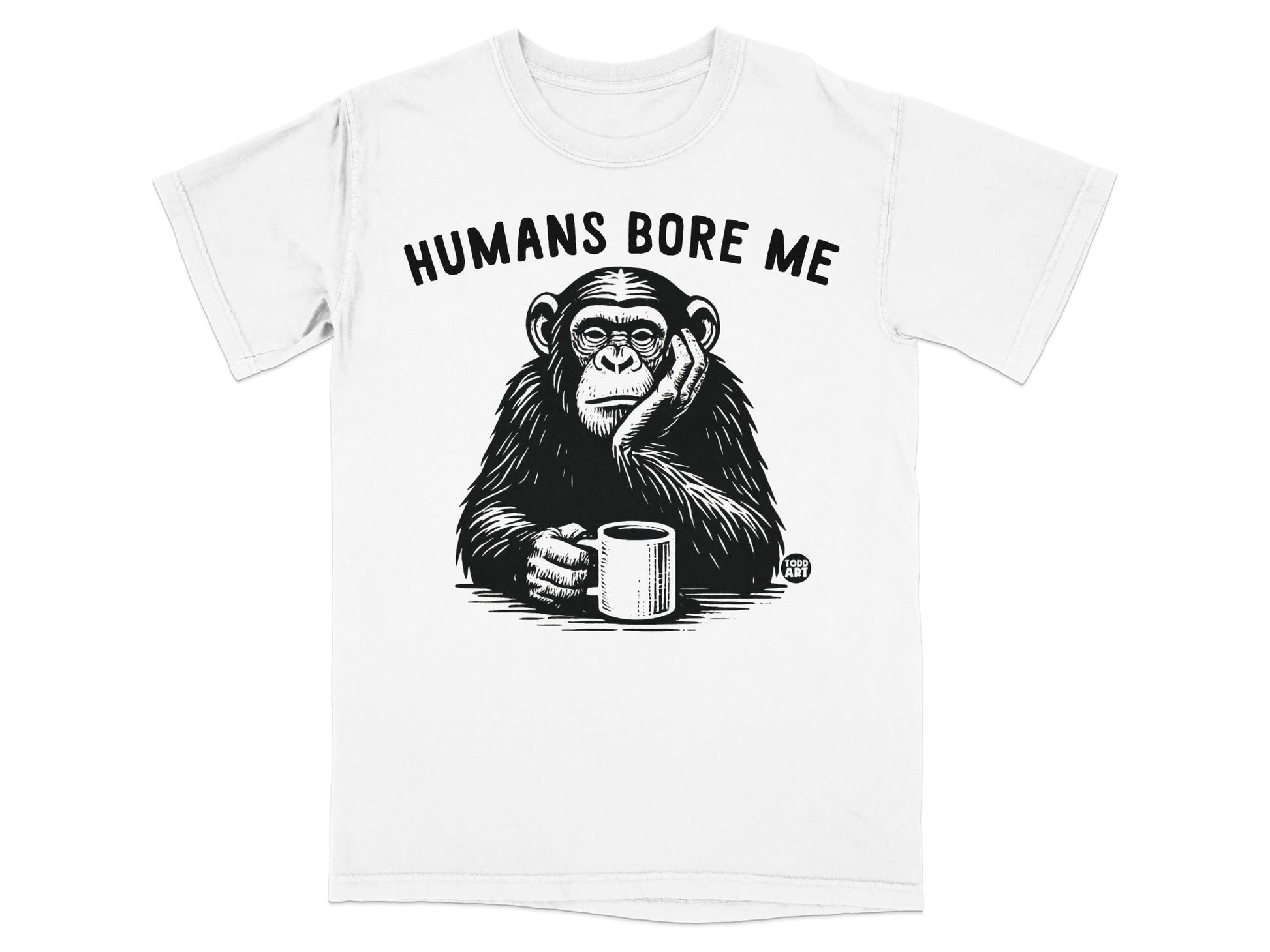 Chimpanzee holding a mug with "HUMANS BORE ME" text and logo.
