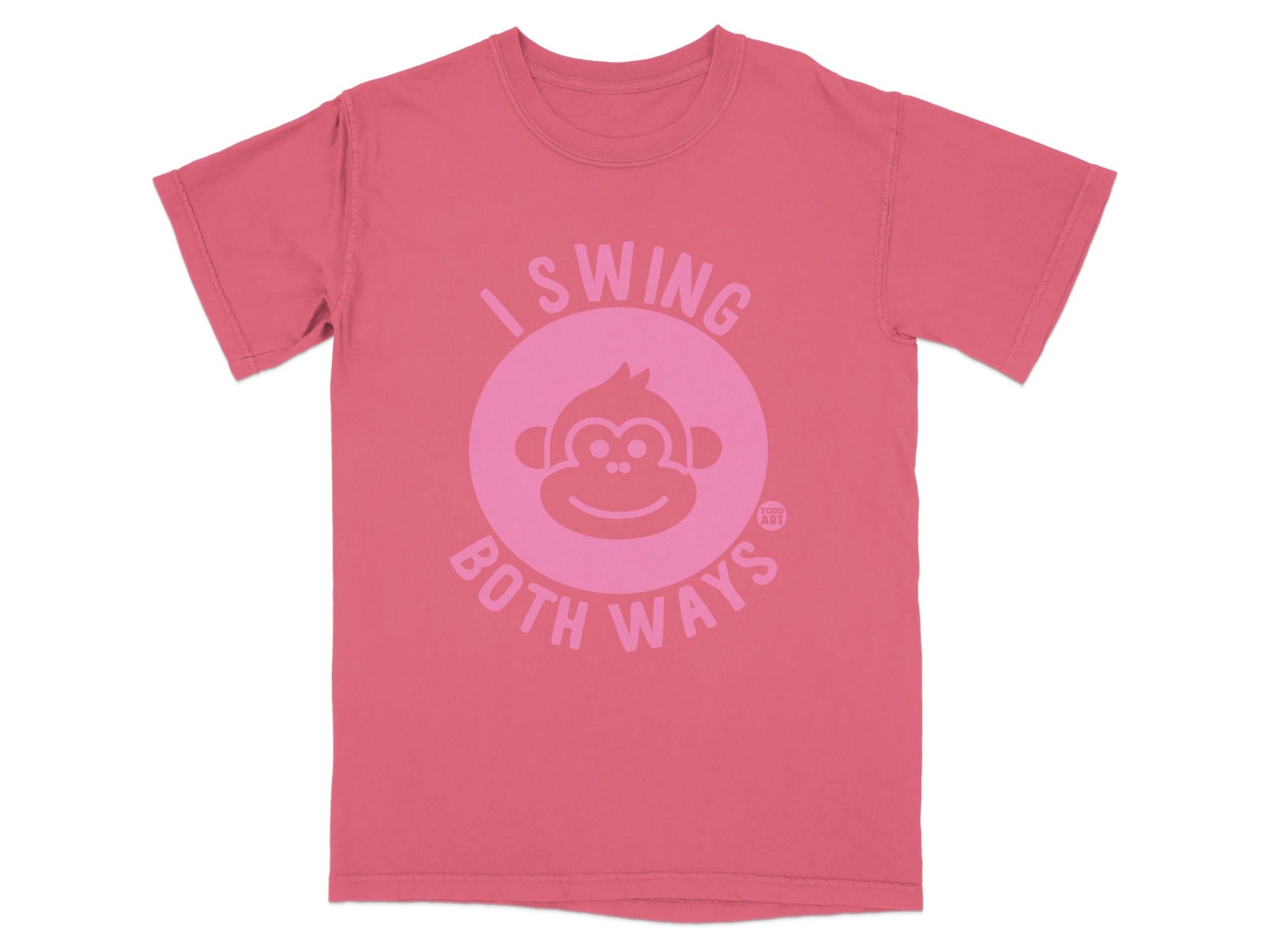 Coral t-shirt with pink circular graphic and text "I swing both ways".
