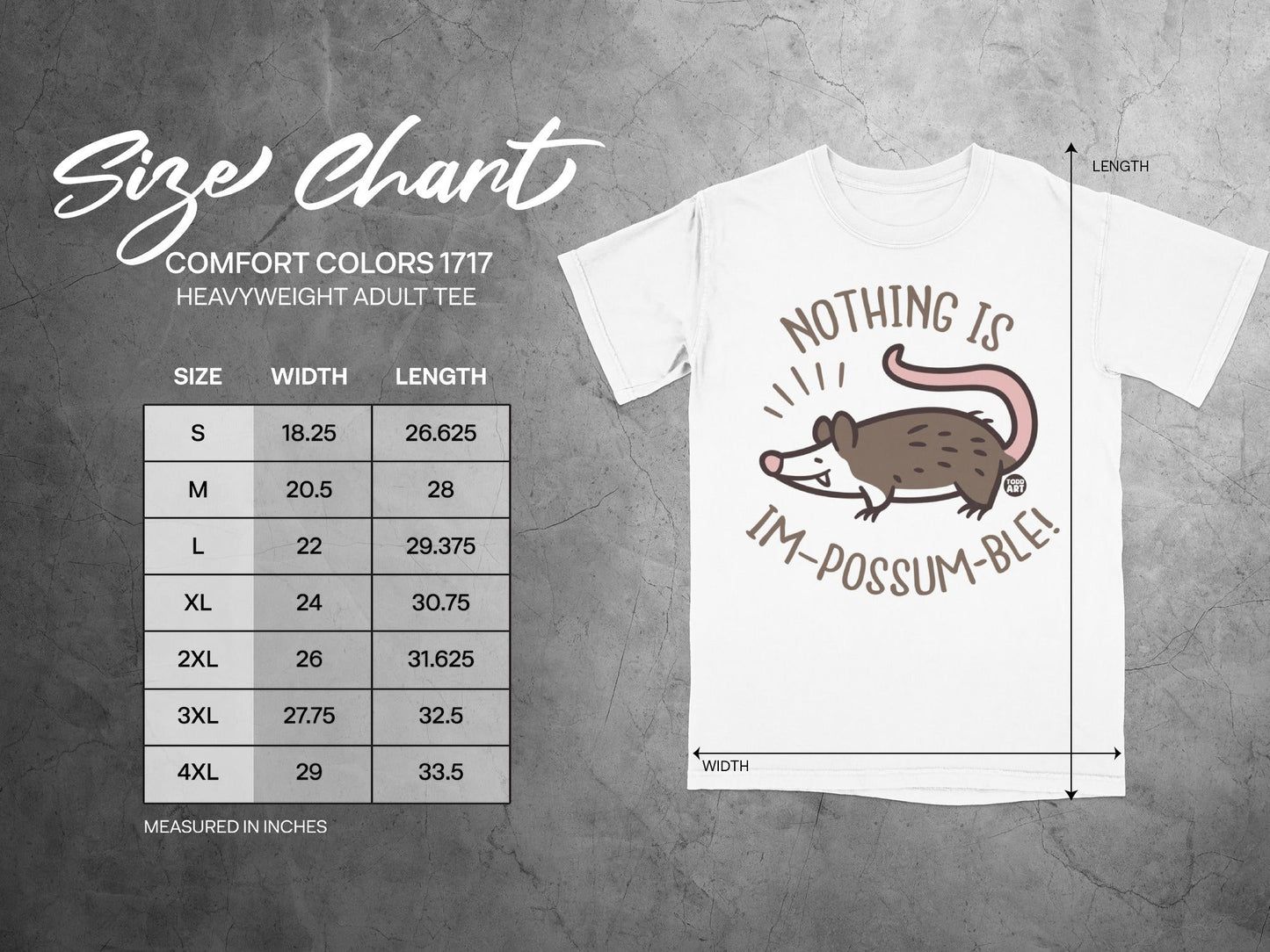 Size chart for Comfort Colors 1717 heavyweight adult tee.