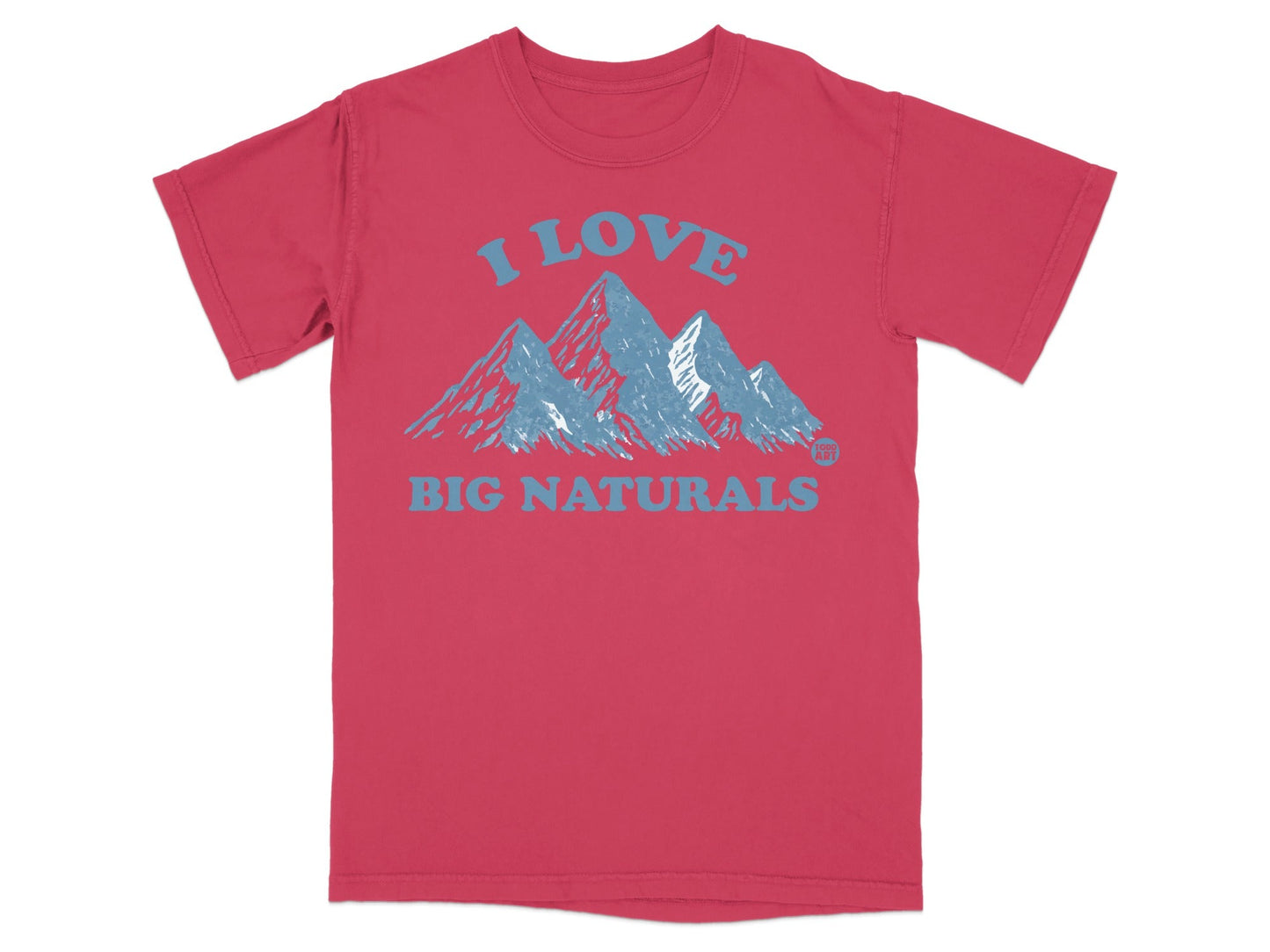 Red t-shirt with "I LOVE BIG NATURALS" and mountain graphic.