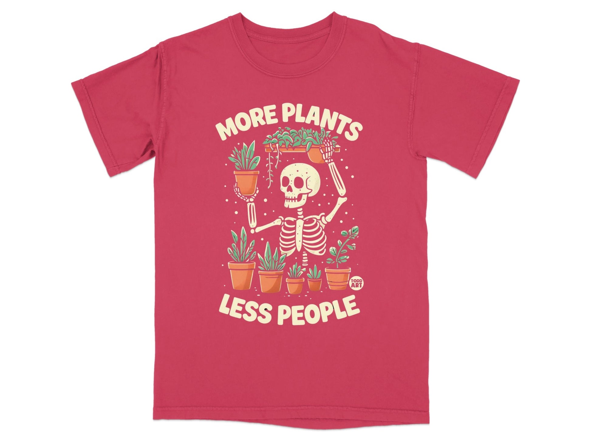 Skeleton holding potted plants with text "MORE PLANTS LESS PEOPLE".