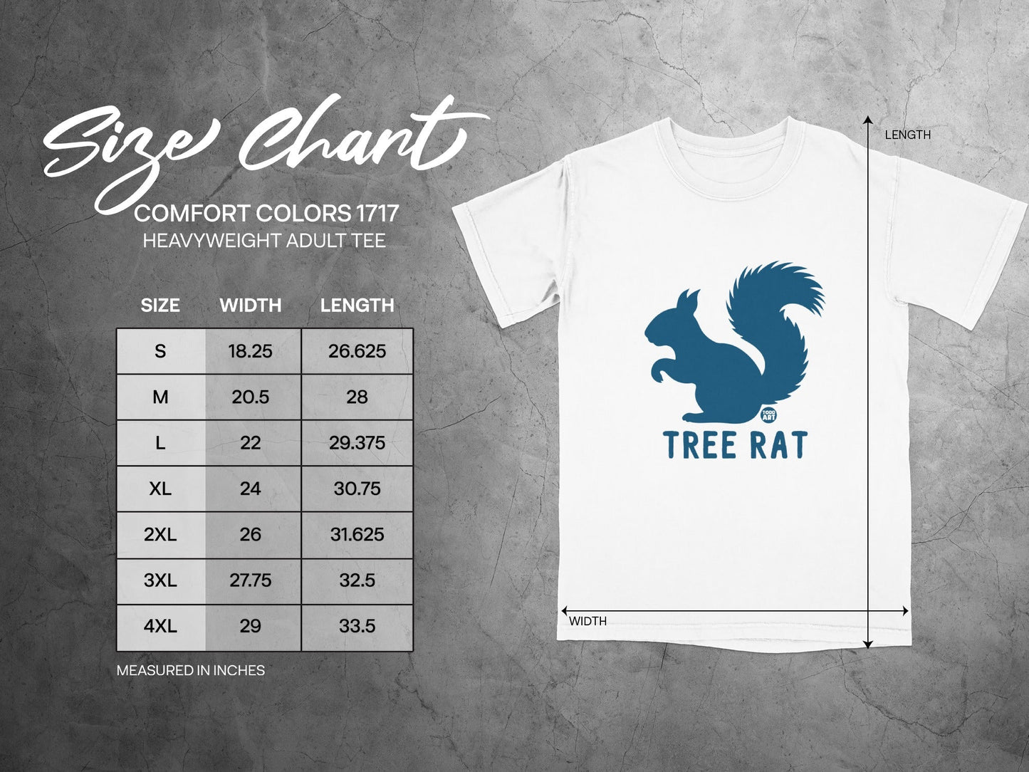Tree Rat heavyweight adult t-shirt size chart with measurements in inches.