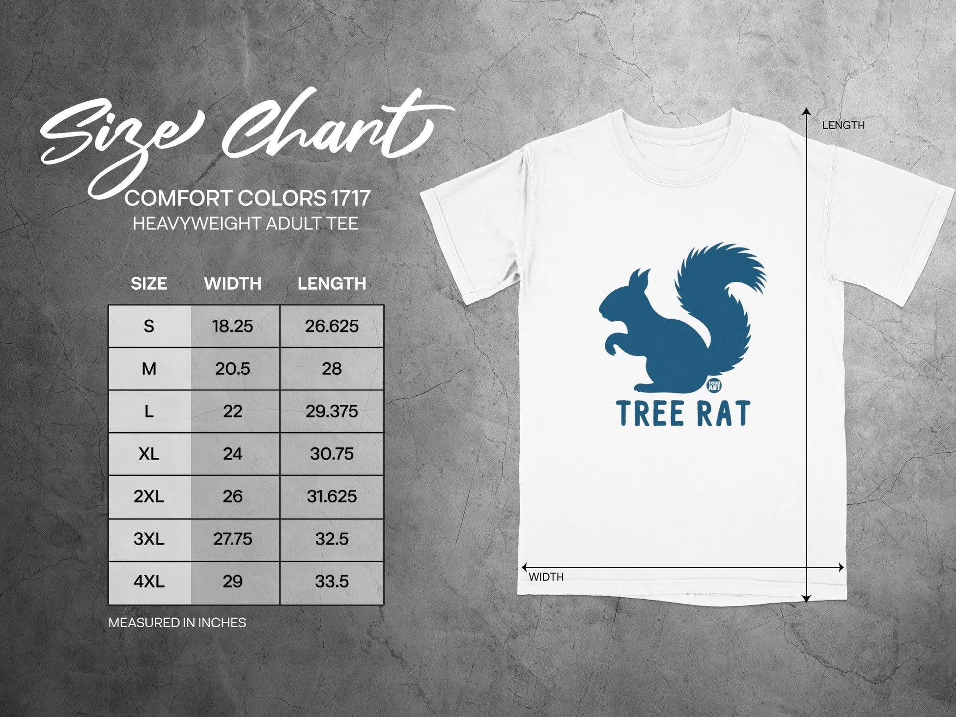 Tree Rat heavyweight adult t-shirt size chart with measurements in inches.