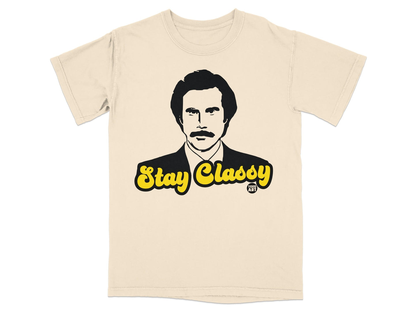 Cream t-shirt with Ron Burgundy's face and "Stay Classy" text.