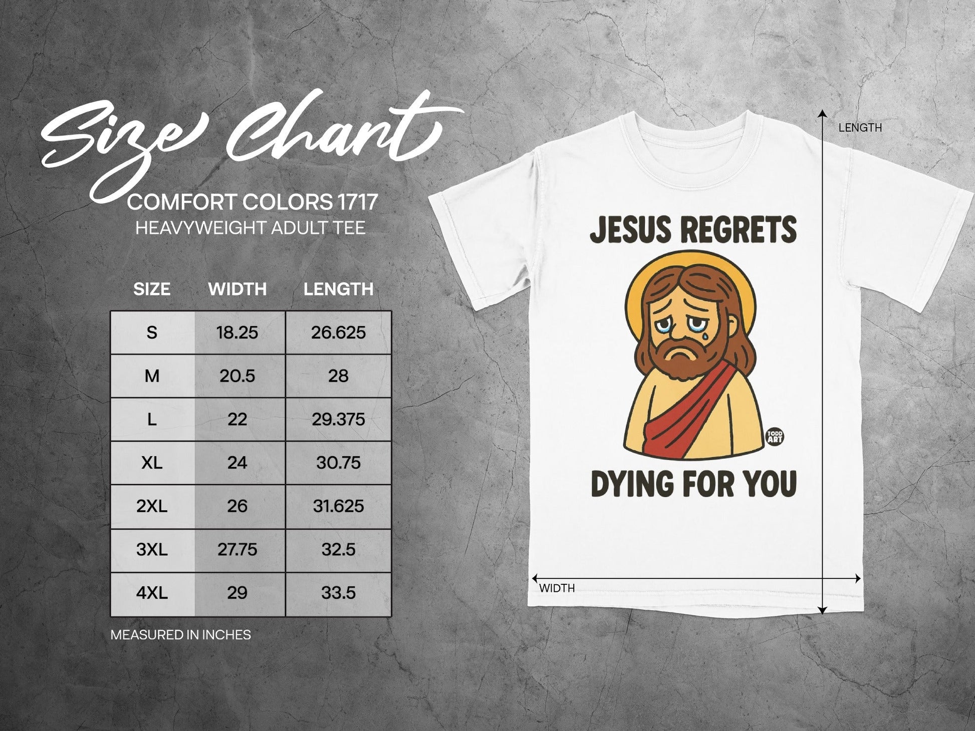 Size chart for Comfort Colors 1717 heavyweight adult tee with Jesus graphic.