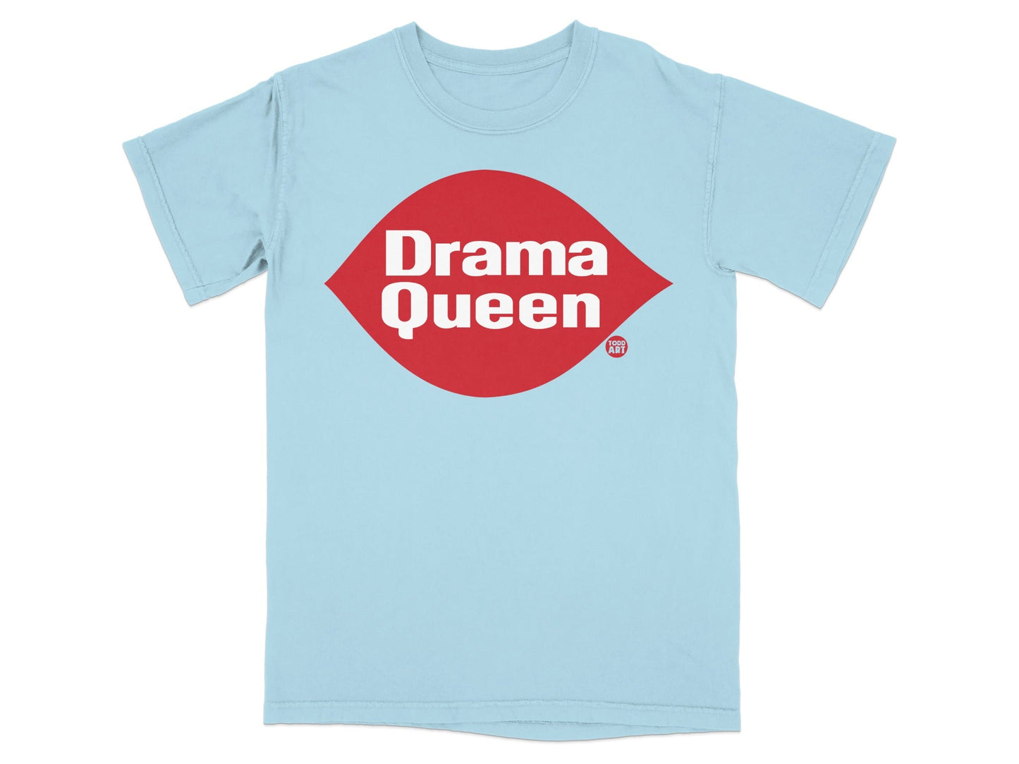 Light blue t-shirt with red "Drama Queen" logo and smaller "ART" logo.