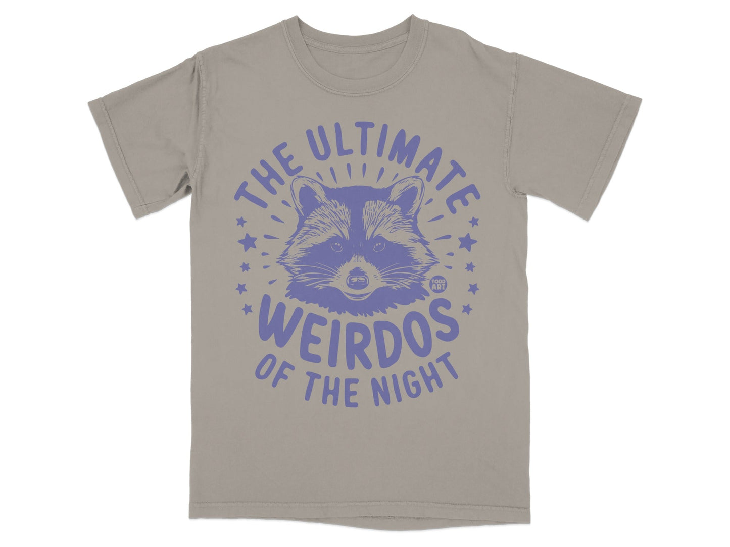 T-shirt with purple raccoon graphic and "The Ultimate Weirdos of the Night" text.