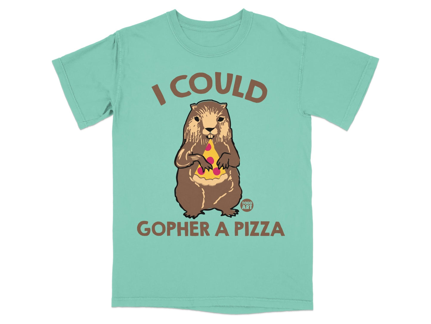 Gopher holding pizza slice with text "I COULD GOPHER A PIZZA" and "FOXO ART".