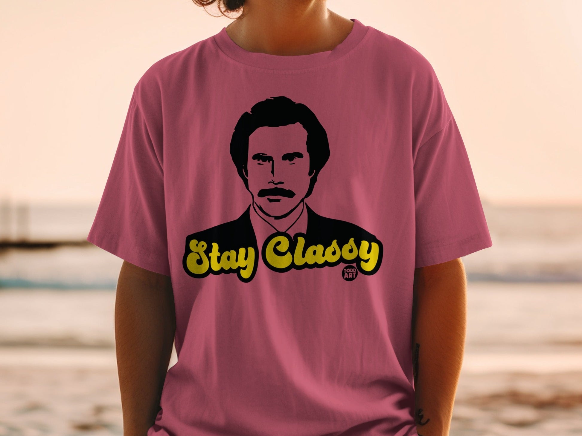 Burgundy t-shirt with "Stay Classy" text and Will Ferrell as Ron Burgundy.