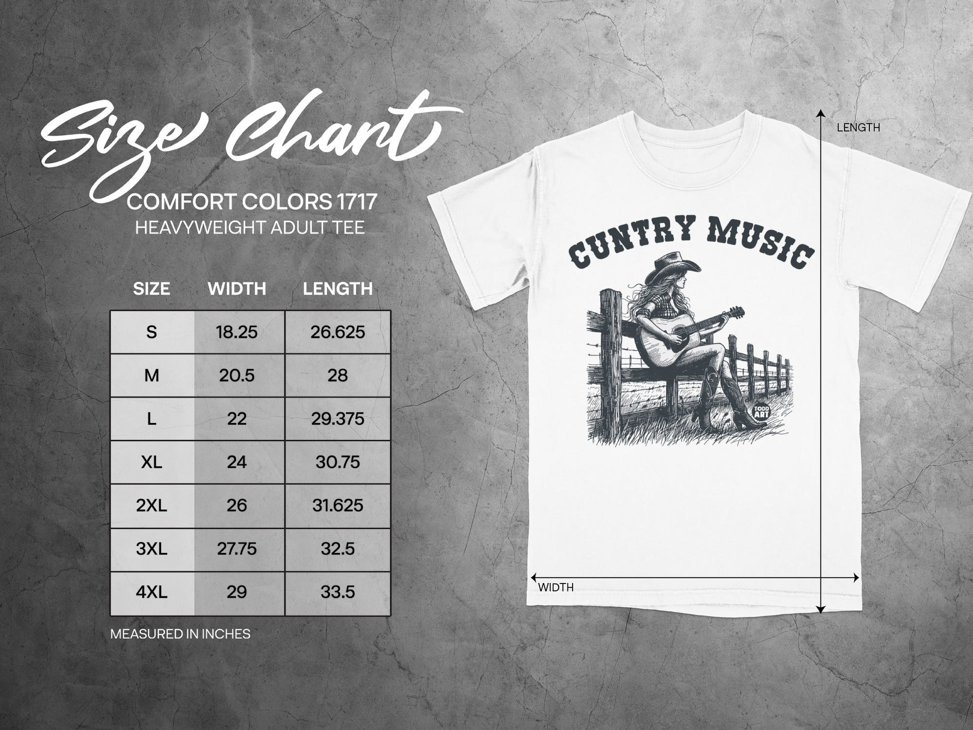 Size chart for Comfort Colors 1717 heavyweight adult tee, with width and length measurements.