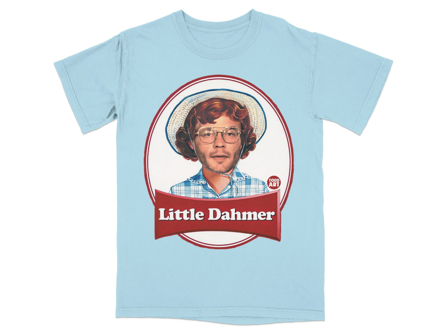 Light blue t-shirt with "Little Dahmer" logo featuring a man's face.